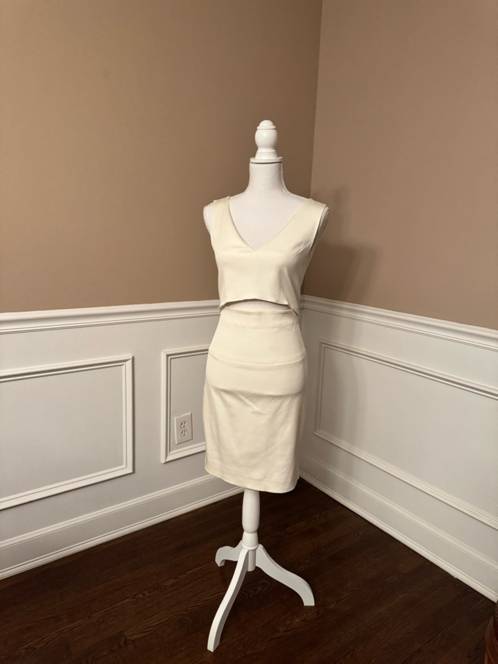 French Connection Cream V-Neck Pencil Dress with front mid cut out